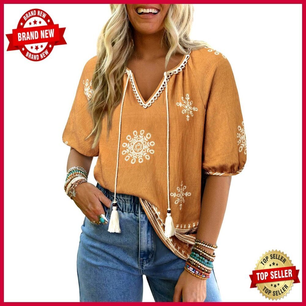 Boho Floral Blouse Lantern Sleeves Tie Front Loose Fit Vacation Top